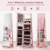 CHARMAID 360° Swivel Jewelry Armoire with Full Length Mirror, Rear Storage Shelves, Lockable Standing Jewelry Cabinet Organizer with Interior Vanity Mirror and 3-Color Lights (White)(Pink)