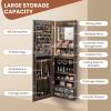CHARMAID Jewelry Armoire Cabinet Wall Door Mounted, 3 Colors LED Light Strip, 47.2”H Full Length Mirror, Brush and Lipstick Storage, Lockable Jewelry Organizer Box with 4 Drawers (Brown)
