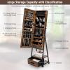 CHARMAID Rolling Jewelry Cabinet with Full Length Mirror, Lockable Standing Jewelry Armoire with Wheels, Steel Legs, Lipstick Brush Storage, Jewelry Organizer Box with Drawers (Rustic Brown)(Rustic Brown)