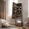 CHARMAID Rolling Jewelry Cabinet with Full Length Mirror, Lockable Standing Jewelry Armoire with Wheels, Steel Legs, Lipstick Brush Storage, Jewelry Organizer Box with Drawers (Rustic Brown)(Rustic Brown)