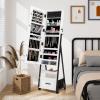 CHARMAID Rolling Jewelry Cabinet with Full Length Mirror, Lockable Standing Jewelry Armoire with Wheels, Steel Legs, Lipstick Brush Storage, Jewelry Organizer Box with Drawers (Rustic Brown)(White)