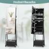 CHARMAID Rolling Jewelry Cabinet with Full Length Mirror, Lockable Standing Jewelry Armoire with Wheels, Steel Legs, Lipstick Brush Storage, Jewelry Organizer Box with Drawers (Rustic Brown)(Black)