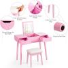 CHARMAID Vanity Set with Flip Top Mirror, 2 Drawers and 9 Storage Compartments, Removable Dividers, Cushioned Stool, Writing Desk Makeup Dressing Table for Kids Girls Women, Easy Assembly (Pink)(Pink)