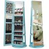 CHARMAID 360° Swivel Jewelry Armoire with Full Length Mirror, Rear Storage Shelves, Lockable Standing Jewelry Cabinet Organizer with Interior Vanity Mirror and 3-Color Lights (White)(Sky Blue)