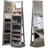 CHARMAID 360° Swivel Jewelry Armoire with Full Length Mirror, Rear Storage Shelves, Lockable Standing Jewelry Cabinet Organizer with Interior Vanity Mirror and 3-Color Lights (Black)(Stone Gray)