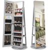 CHARMAID 360° Swivel Jewelry Armoire with Full Length Mirror, Rear Storage Shelves, Lockable Standing Jewelry Cabinet Organizer with Interior Vanity Mirror and 3-Color Lights (White)(Gray)
