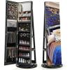 CHARMAID 360° Swivel Jewelry Armoire with Full Length Mirror, Rear Storage Shelves, Lockable Standing Jewelry Cabinet Organizer with Interior Vanity Mirror and 3-Color Lights (White)(Black)