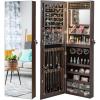 CHARMAID Jewelry Armoire Cabinet Wall Door Mounted, 3 Colors LED Light Strip, 47.2”H Full Length Mirror, Brush and Lipstick Storage, Lockable Jewelry Organizer Box with 4 Drawers (Brown)