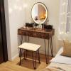 CHARMAID Makeup Vanity Table with Lighted Mirror, 3 Lighting Sets, Adjustable Brightness, 2 Large Drawers, Acrylic Storage Boxes, Girls Bedroom Dressing Table Vanity Set with Stool (Rustic Brown)(Rustic Brown)