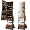 image:imageCHARMAID Rolling Jewelry Cabinet with Full Length Mirror Lockable Standing Jewelry Armoire with Wheels Steel Legs Lipstick Brush Storage Jewelry Organizer Box with Drawers Rustic BrownRustic Brown