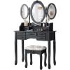 CHARMAID Vanity Set with Tri-Folding Mirror and Cushioned Stool, Dressing Table with 7 Drawers and a Shelf, Makeup Table Writing Desk with Removable Top, Makeup Vanity Set for Women Girls (Black)