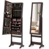 Giantex 2 LEDs Standing Jewelry Cabinet with Full Length Mirror, Lockable Mirrored Jewelry Armoire with 2 Drawers, 4 Adjustable Angles, Jewelry Storage Organizer, Brown(Brown)