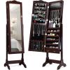 Giantex Jewelry Armoire Organizer with Full Length Mirror, 14 LEDs Floor Standing Jewelry Cabinet with 2 Drawers, 4 Adjustable Angles, Lockable Jewelry Storage Box Cabinet (Brown)(Brown)