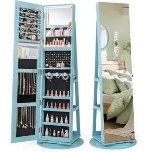 CHARMAID 360° Swivel Jewelry Armoire with Full Length Mirror, Rear Storage Shelves, Lockable Standing Jewelry Cabinet Organizer with Interior Vanity Mirror and 3-Color Lights (White)(Sky Blue)