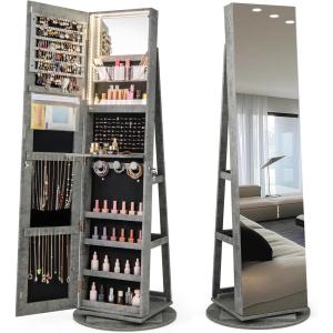 CHARMAID 360° Swivel Jewelry Armoire with Full Length Mirror, Rear Storage Shelves, Lockable Standing Jewelry Cabinet Organizer with Interior Vanity Mirror and 3-Color Lights (Black)(Stone Gray)