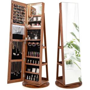 CHARMAID 360° Swivel Jewelry Armoire with Full Length Mirror, Rear Storage Shelves, Lockable Standing Jewelry Cabinet Organizer with Interior Vanity Mirror and 3-Color Lights (White)(Walnut)