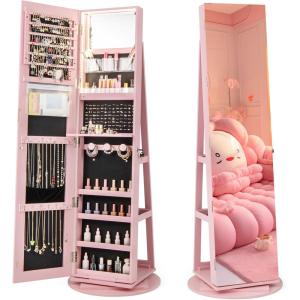 CHARMAID 360° Swivel Jewelry Armoire with Full Length Mirror, Rear Storage Shelves, Lockable Standing Jewelry Cabinet Organizer with Interior Vanity Mirror and 3-Color Lights (Black)(Pink)