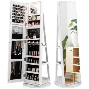 CHARMAID 360° Swivel Jewelry Armoire with Full Length Mirror, Rear Storage Shelves, Lockable Standing Jewelry Cabinet Organizer with Interior Vanity Mirror and 3-Color Lights (Black)(White)