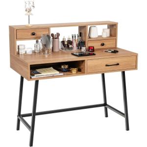CHARMAID 42” Vanity Table with Large Drawer, 2 Small Drawers, Desktop Shelf, Open Storage Space, Sturdy Steel Legs, Modern Writing Desk with Top Hutch for Bedroom Home Office
