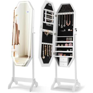 CHARMAID Jewelry Armoire with Full Length LED Mirror, Lockable Touch Screen Lighted Mirror with Jewelry Storage, Velvet Lining, Standing Jewelry Cabinet Organizer Box with 2 Drawers (White)