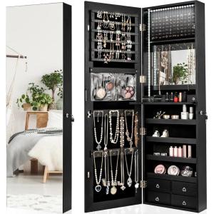CHARMAID LED Strip Jewelry Armoire with 47.2″ H Full Length Mirror, Wall/Door Mounted Jewelry Organizer with Built-in Mirror, Flip-over Cosmetic Tray, 4 Drawers, Large Storage Jewelry Cabinet (Black)(Black)