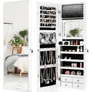 CHARMAID LED Strip Jewelry Armoire with 47.2″ H Full Length Mirror, Wall/Door Mounted Jewelry Organizer with Built-in Mirror, Flip-over Cosmetic Tray, 4 Drawers, Large Storage Jewelry Cabinet (Black)(White)