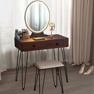 CHARMAID Makeup Vanity Table with Lighted Mirror, 3 Lighting Sets, Adjustable Brightness, 2 Large Drawers, Acrylic Storage Boxes, Girls Bedroom Dressing Table Vanity Set with Stool (Rustic Brown)(Walnut)