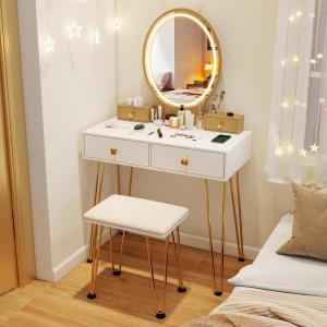 CHARMAID Makeup Vanity Table with Lighted Mirror, 3 Lighting Sets, Adjustable Brightness, 2 Large Drawers, Acrylic Storage Boxes, Girls Bedroom Dressing Table Vanity Set with Stool (Rustic Brown)(White)