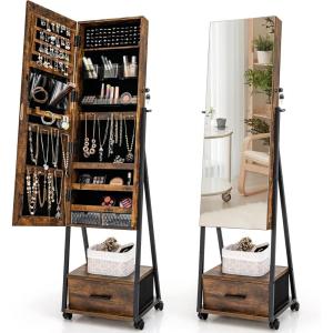 CHARMAID Rolling Jewelry Cabinet with Full Length Mirror, Lockable Standing Jewelry Armoire with Wheels, Steel Legs, Lipstick Brush Storage, Jewelry Organizer Box with Drawers (Rustic Brown)(Rustic Brown)