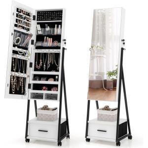 CHARMAID Rolling Jewelry Cabinet with Full Length Mirror, Lockable Standing Jewelry Armoire with Wheels, Steel Legs, Lipstick Brush Storage, Jewelry Organizer Box with Drawers (Rustic Brown)(White)