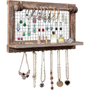 CHARMAID Rustic Jewelry Organizer Wall Mounted, Wooden Wall Mount Jewelry Holder Display with Bracelet Rod, for Earrings, Necklaces, and Many Other Accessories, Wall Hanging Jewelry Organizers