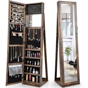CHARMAID Standing Jewelry Armoire with Tall Full Length Mirror, 2-in-1 Lockable Jewelry Cabinet Organizer with Large Storage Capacity, Inside Makeup Mirror, Stable Base, Easy Assembly (White)(Rustic Brown)