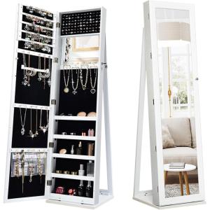 CHARMAID Standing Jewelry Armoire with Tall Full Length Mirror, 2-in-1 Lockable Jewelry Cabinet Organizer with Large Storage Capacity, Inside Makeup Mirror, Stable Base, Easy Assembly (White)(White)