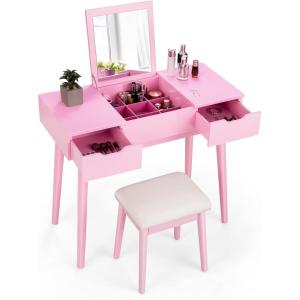 CHARMAID Vanity Set with Flip Top Mirror, 2 Drawers and 9 Storage Compartments, Removable Dividers, Cushioned Stool, Writing Desk Makeup Dressing Table for Kids Girls Women, Easy Assembly (Pink)(Pink)