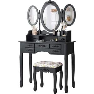 CHARMAID Vanity Set with Tri-Folding Mirror and Cushioned Stool, Dressing Table with 7 Drawers and a Shelf, Makeup Table Writing Desk with Removable Top, Makeup Vanity Set for Women Girls (Black)