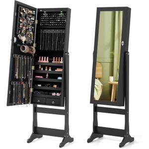Giantex 2 LEDs Standing Jewelry Cabinet with Full Length Mirror, Lockable Mirrored Jewelry Armoire with 2 Drawers, 4 Adjustable Angles, Jewelry Storage Organizer, Brown(Black)