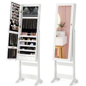 Giantex 2 LEDs Standing Jewelry Cabinet with Full Length Mirror, Lockable Mirrored Jewelry Armoire with 2 Drawers, 4 Adjustable Angles, Jewelry Storage Organizer, Brown(White)