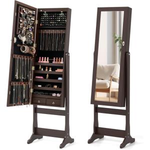 Giantex 2 LEDs Standing Jewelry Cabinet with Full Length Mirror, Lockable Mirrored Jewelry Armoire with 2 Drawers, 4 Adjustable Angles, Jewelry Storage Organizer, Brown(Brown)