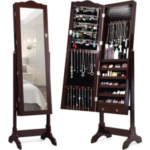Giantex Jewelry Armoire Organizer with Full Length Mirror, 14 LEDs Floor Standing Jewelry Cabinet with 2 Drawers, 4 Adjustable Angles, Lockable Jewelry Storage Box Cabinet (Brown)(Brown)