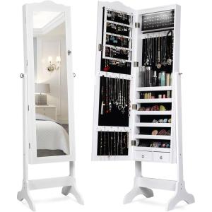 Giantex Jewelry Armoire Organizer with Full Length Mirror, 14 LEDs Floor Standing Jewelry Cabinet with 2 Drawers, 4 Adjustable Angles, Lockable Jewelry Storage Box Cabinet (Brown)(White)