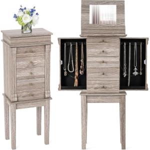 Giantex Jewelry Cabinet Armoire with Flip Top Mirror, 5 Drawers & Swing Doors, Space-Saving Jewelry Organizer for Necklaces, Rings, Bracelets, Watches, Velvet Lined, Light Gray Oak(Light Gray Oak)