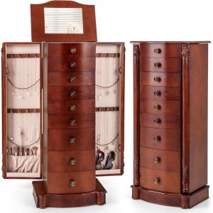 Giantex Large Jewelry Armoire Cabinet with 8 Drawers & 2 Swing Doors 16 Hooks Top Mirror Boxes, Standing Cambered Front Storage Chest Stand, Large Standing Jewelry Armoire, Dark Walnut