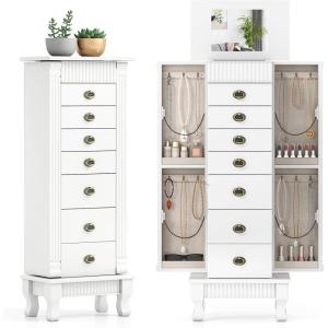 Giantex Standing Jewelry Cabinet with 7 Drawers, Flip-Top Mirror, 2 Side Doors with 12 Necklace Hooks, Divided Ring Compartments, Velvet-Lined Jewelry Armoire Organizer Chest (Cherry)(White)