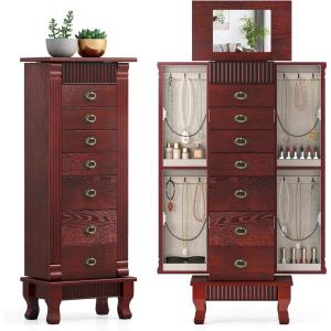 Giantex Standing Jewelry Cabinet with 7 Drawers, Flip-Top Mirror, 2 Side Doors with 12 Necklace Hooks, Divided Ring Compartments, Velvet-Lined Jewelry Armoire Organizer Chest (Cherry)(Cherry)