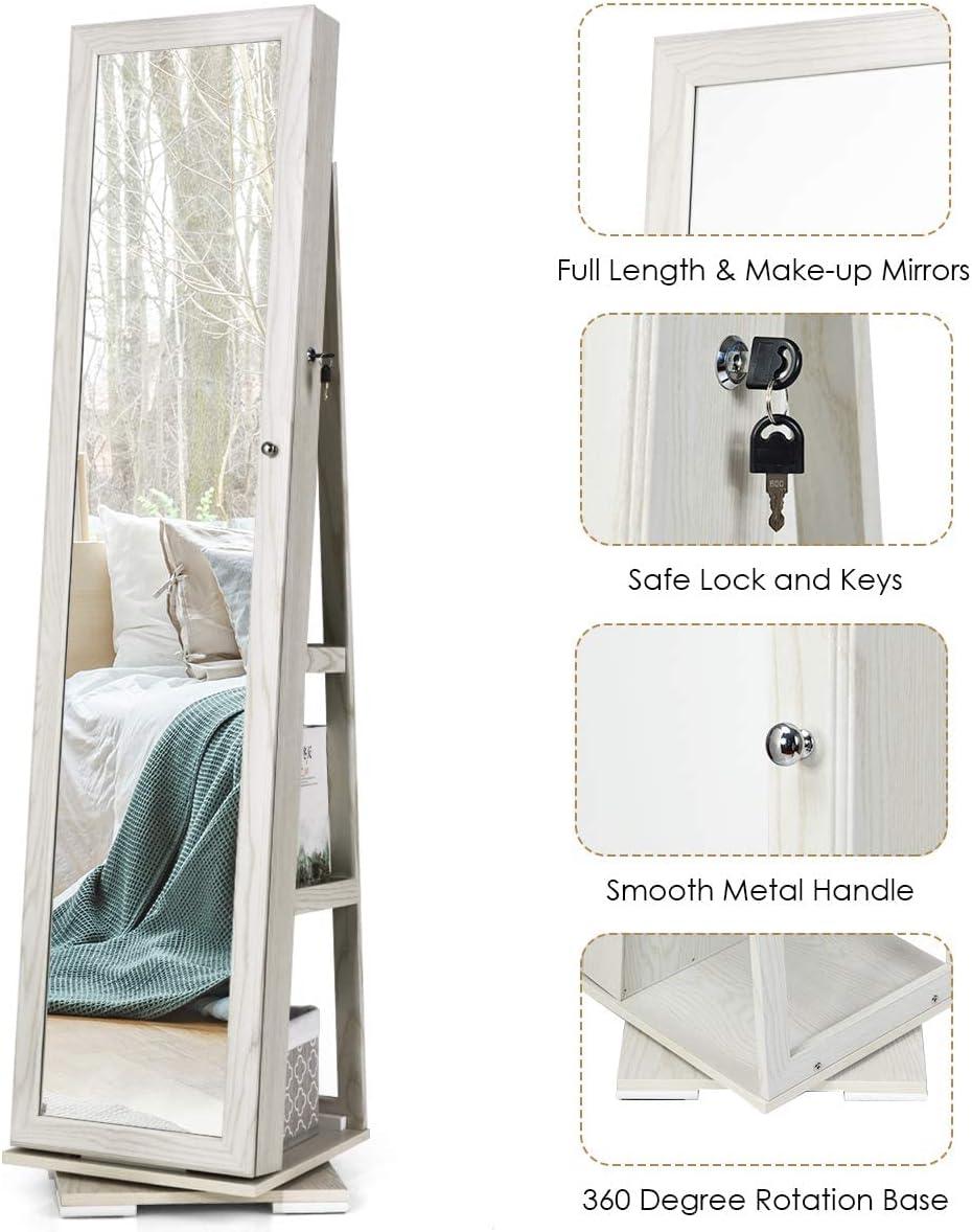 image:imageCHARMAID 360 Swivel Jewelry Armoire with Higher Full Length Mirror Standing Lockable Jewelry Cabinet Organizer with Large Storage Capacity Inside Makeup Mirror Back Storage Shelves WalnutGrayish White