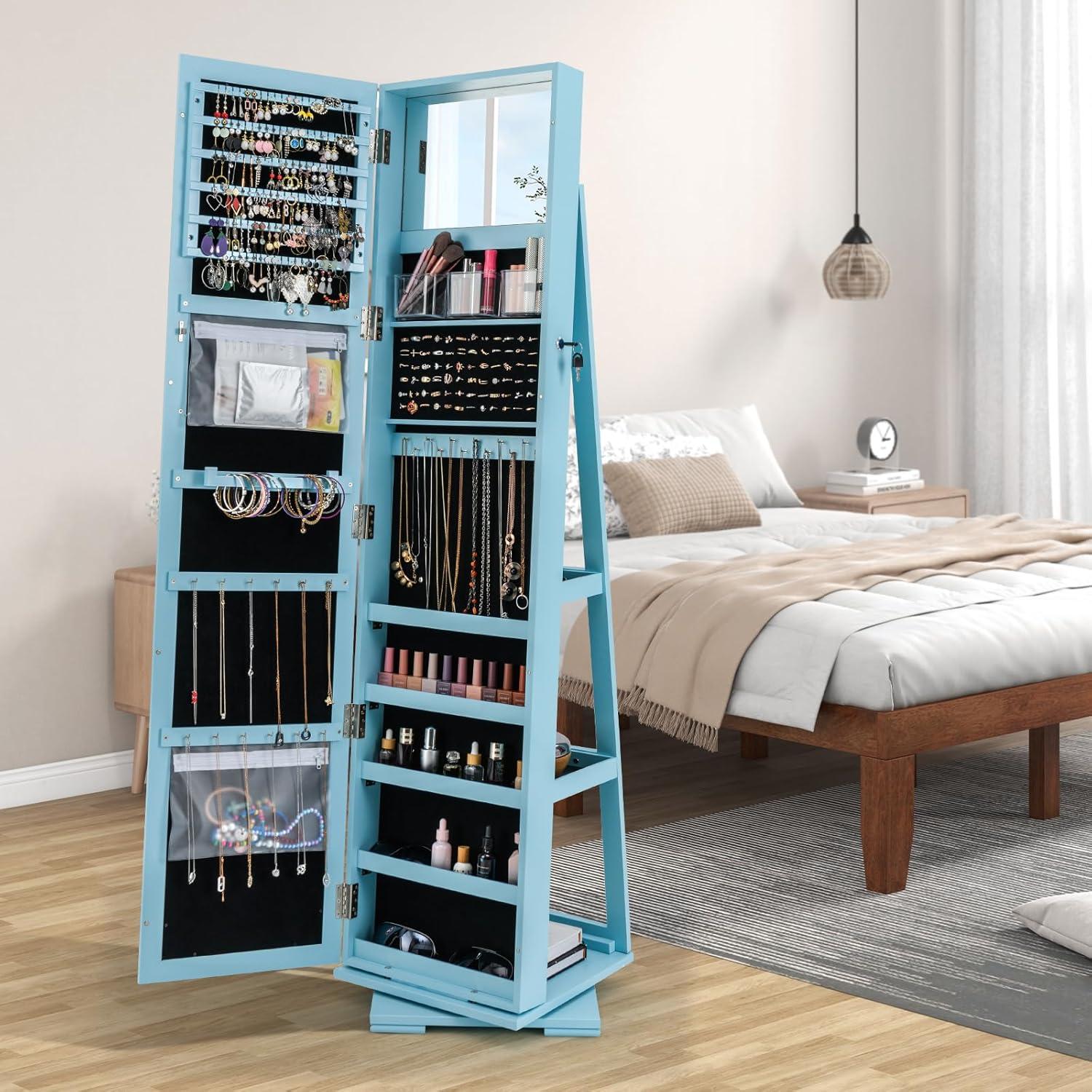 image:imageCHARMAID 360 Swivel Jewelry Armoire with Higher Full Length Mirror Standing Lockable Jewelry Cabinet Organizer with Large Storage Capacity Inside Makeup Mirror Back Storage Shelves WalnutSky Blue