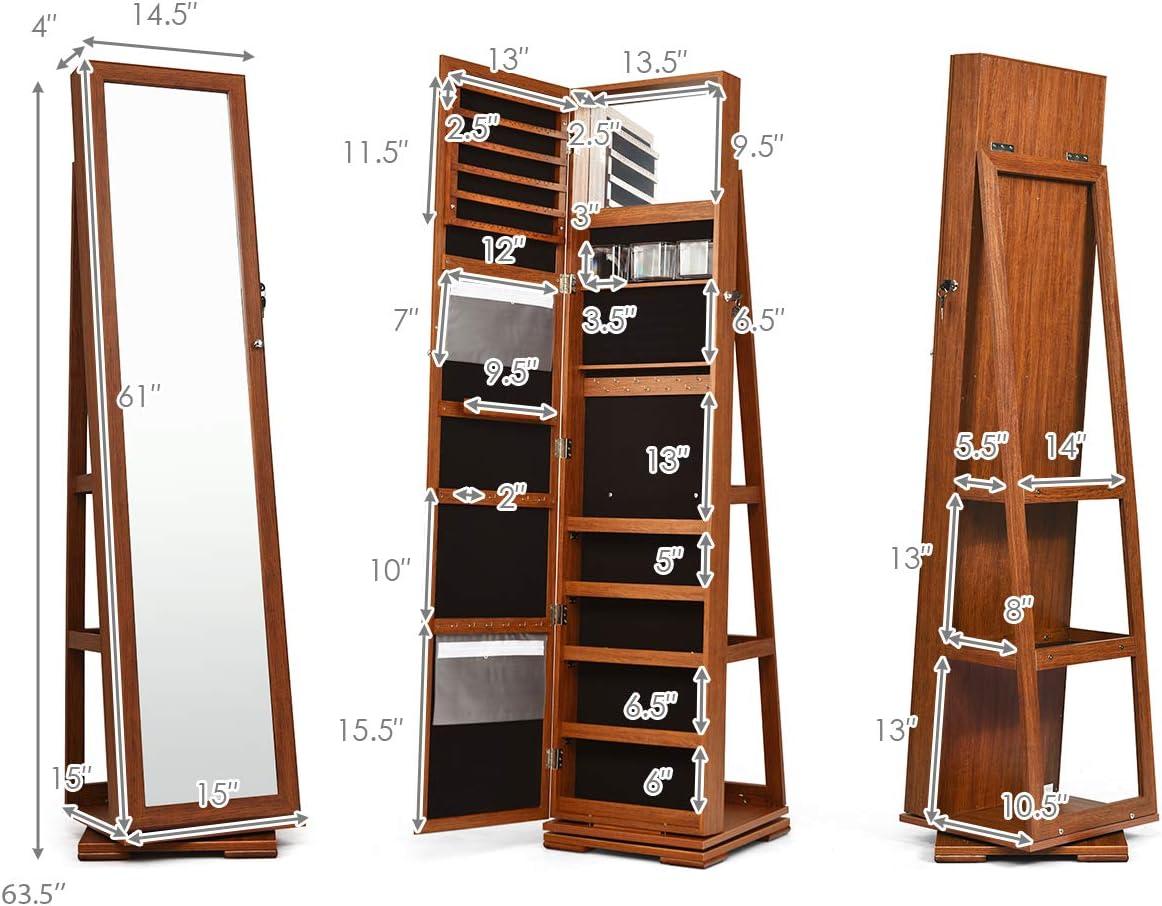 image:imageCHARMAID 360 Swivel Jewelry Armoire with Higher Full Length Mirror Standing Lockable Jewelry Cabinet Organizer with Large Storage Capacity Inside Makeup Mirror Back Storage Shelves WalnutWalnut