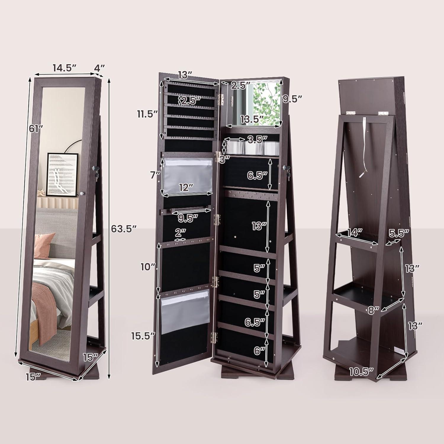 image:imageCHARMAID 360 Swivel Jewelry Armoire with Higher Full Length Mirror Standing Lockable Jewelry Cabinet Organizer with Large Storage Capacity Inside Makeup Mirror Back Storage Shelves WalnutEspresso