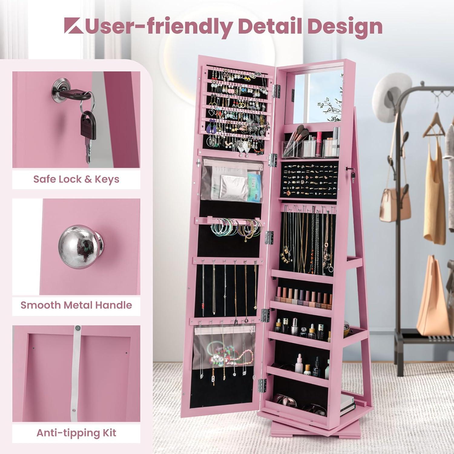 image:imageCHARMAID 360 Swivel Jewelry Armoire with Higher Full Length Mirror Standing Lockable Jewelry Cabinet Organizer with Large Storage Capacity Inside Makeup Mirror Back Storage Shelves WalnutPink