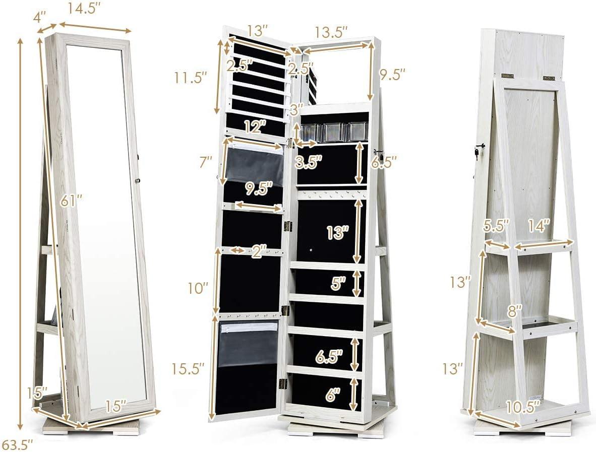image:imageCHARMAID 360 Swivel Jewelry Armoire with Higher Full Length Mirror Standing Lockable Jewelry Cabinet Organizer with Large Storage Capacity Inside Makeup Mirror Back Storage Shelves WalnutGrayish White